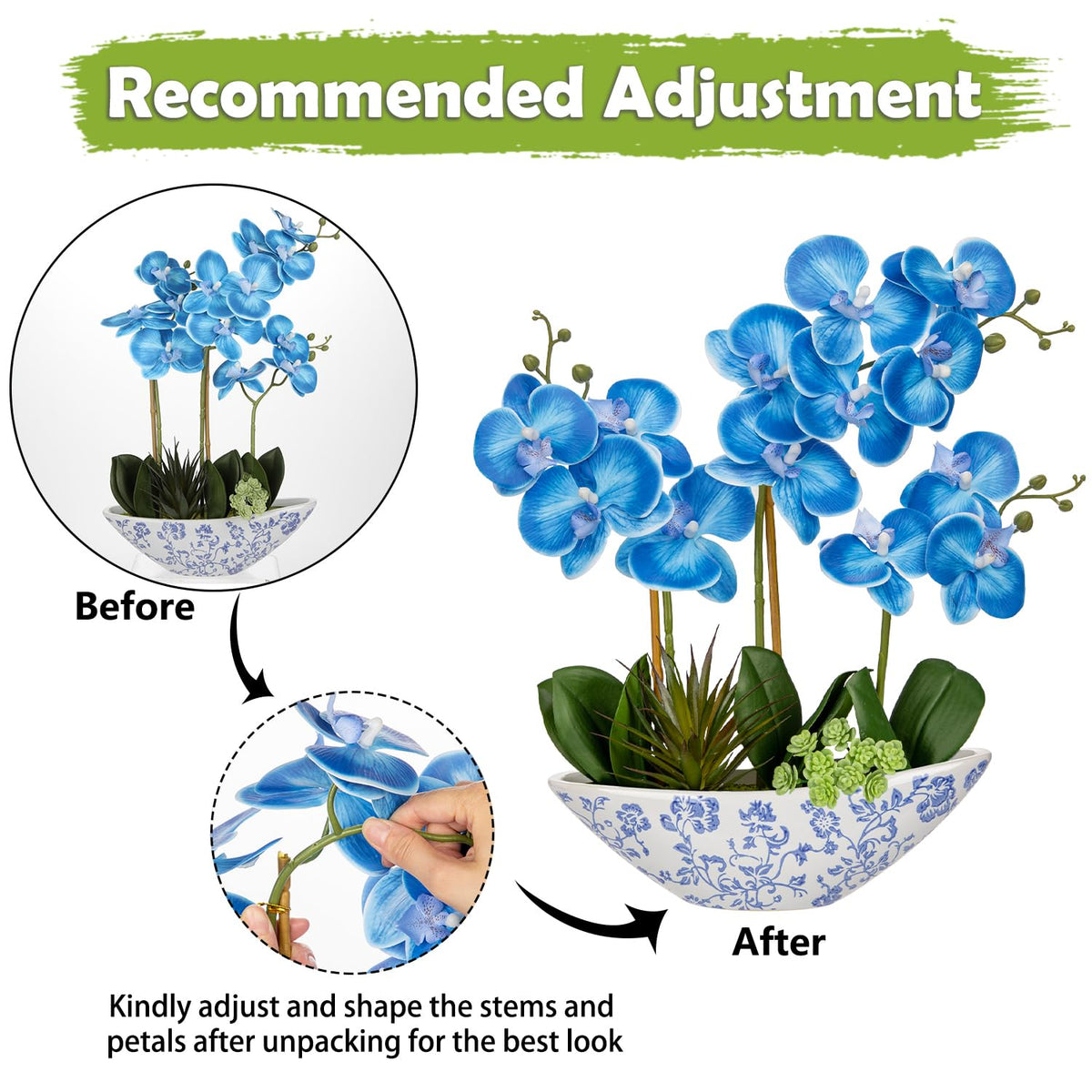 Briful Faux Orchid in Blue and White Boat Vase