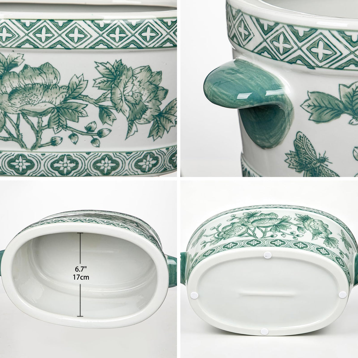 Blue Floral Oval Ceramic Cachepot, 10.6 in