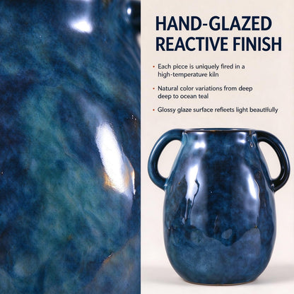 Blue Ceramic Vase with Two Handles