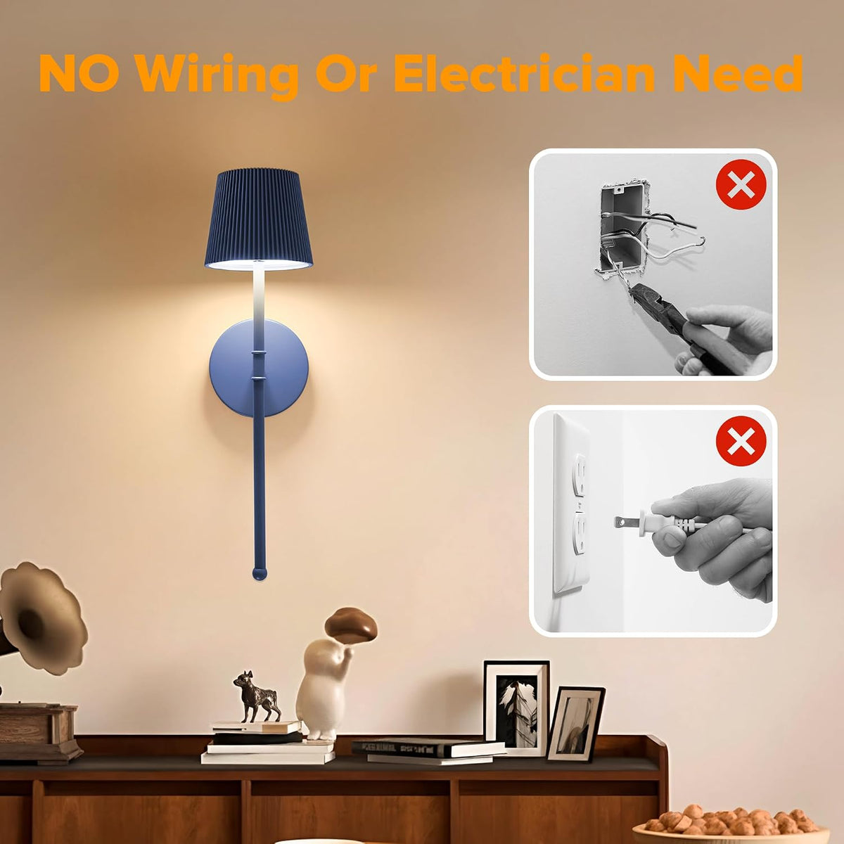 Blue Cordless Rechargeable Wall Sconces, Set of 2
