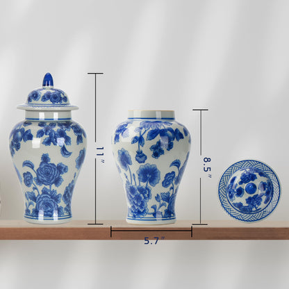 Blue and White Ginger Jar with Lid, 11 Inch