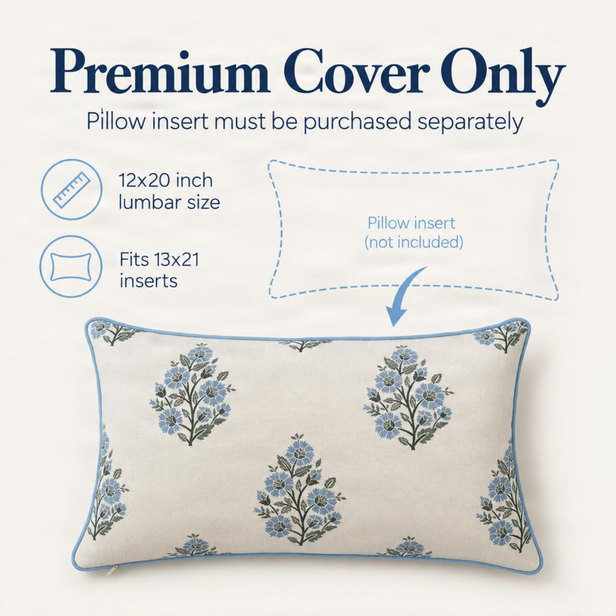 Camille Blue Floral Block Print Pillow Cover