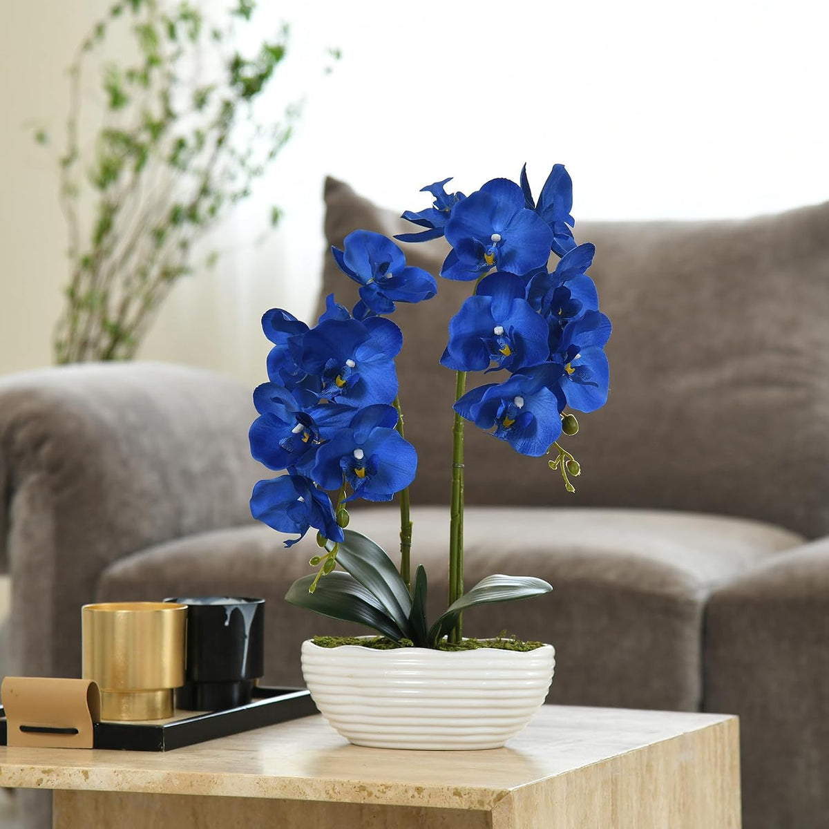 Faux Orchid in Navy Ribbed Ceramic Pot