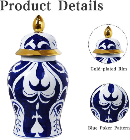 Blue and White Ginger Jar with Gold Trim, 14 Inch