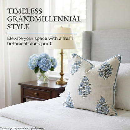 Camille Blue Floral Block Print Pillow Cover