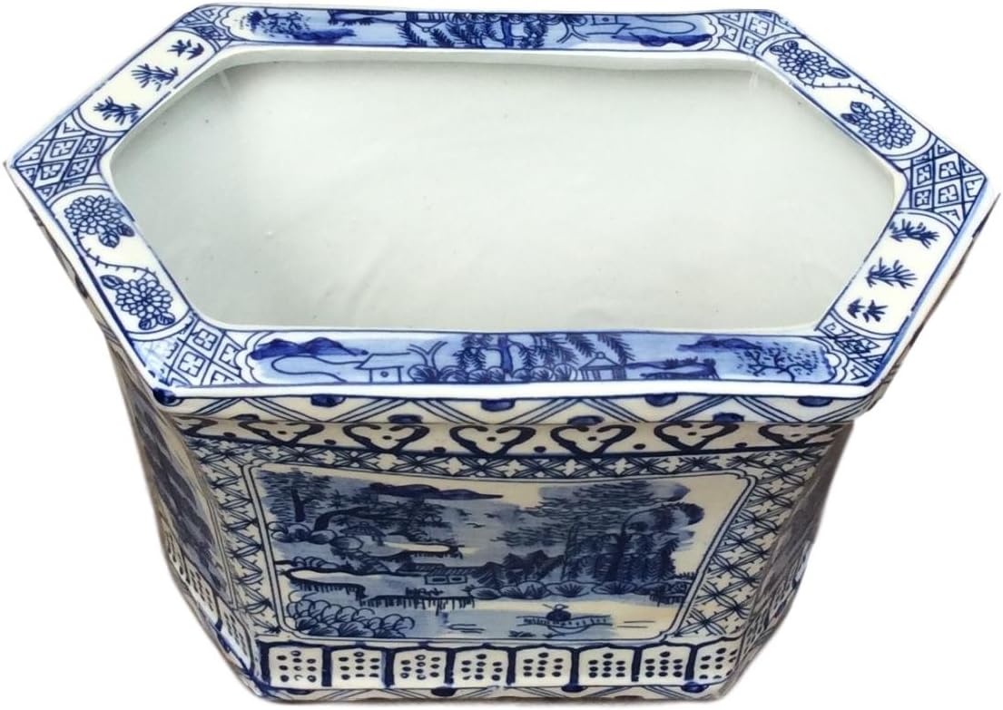 Blue and White Hexagon Porcelain Cachepot Planter
