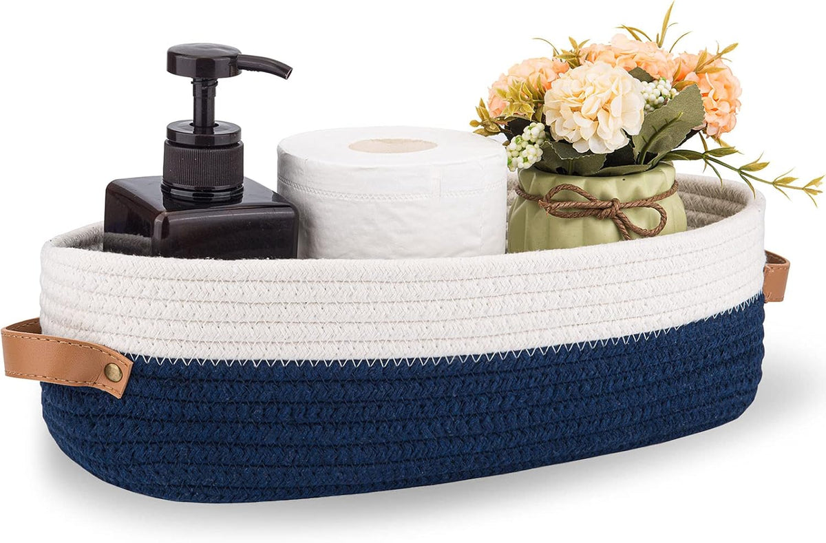 Woven Cotton Rope Toilet Tank Basket, Navy and White