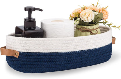 Woven Cotton Rope Toilet Tank Basket, Navy and White