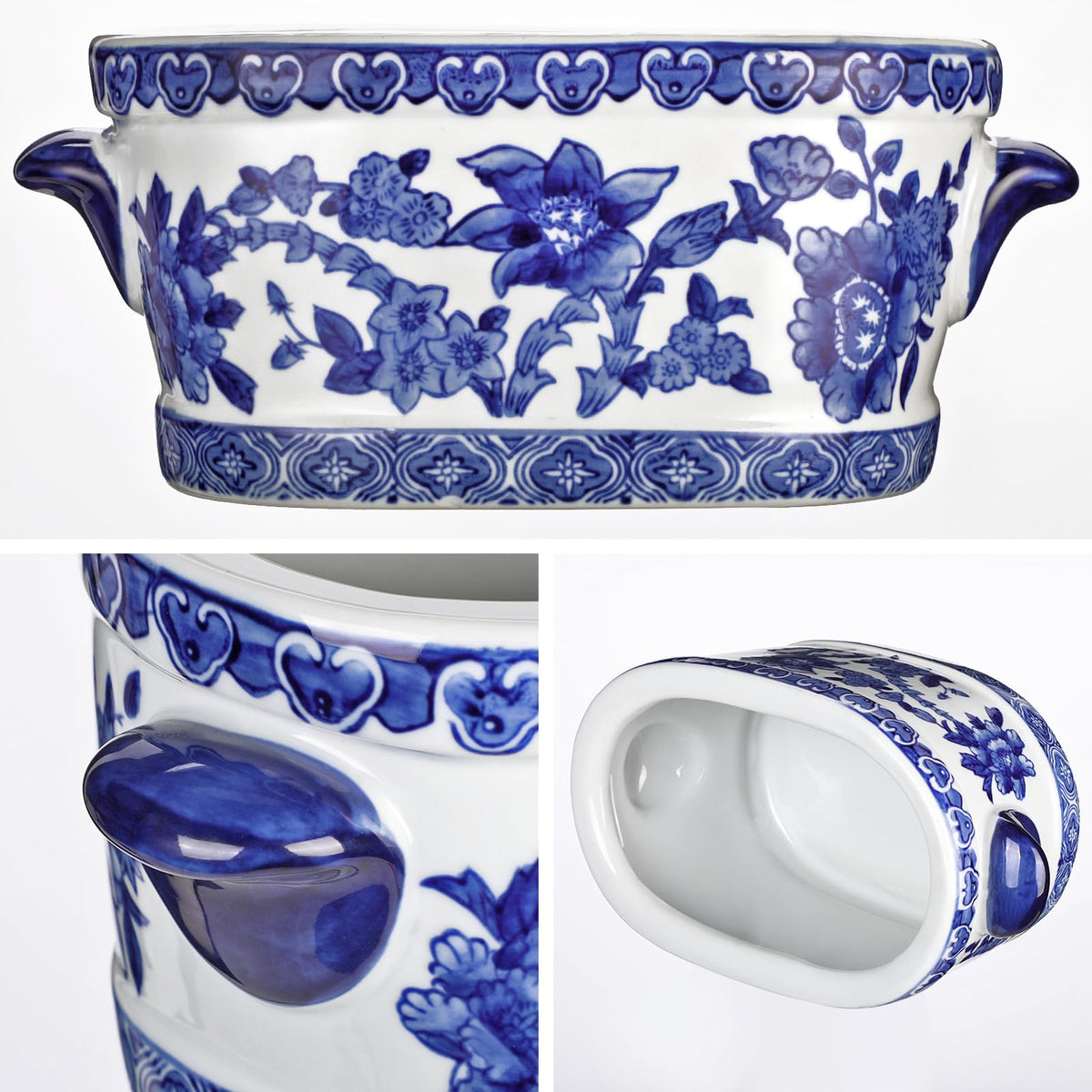 Blue Floral Oval Ceramic Cachepot, 10.6 in