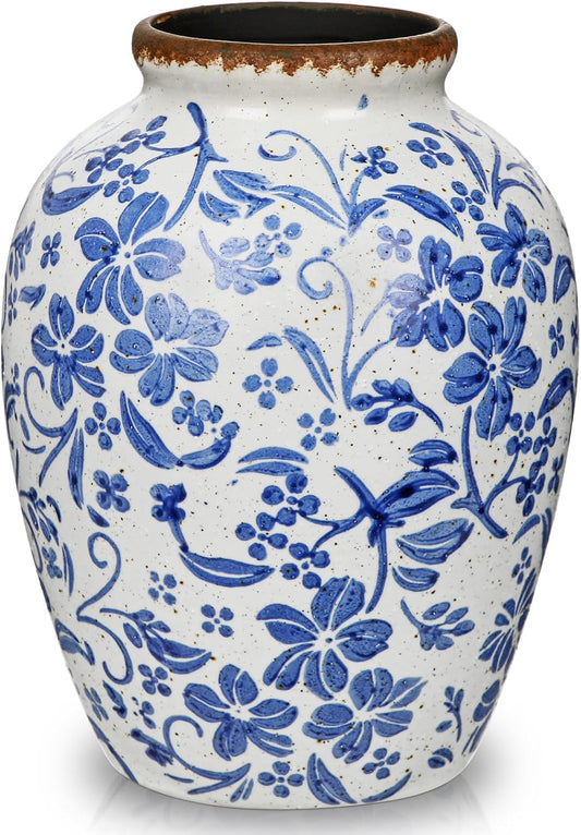 Blue and Beige Vintage Chinoiserie Vase, 8 Inch