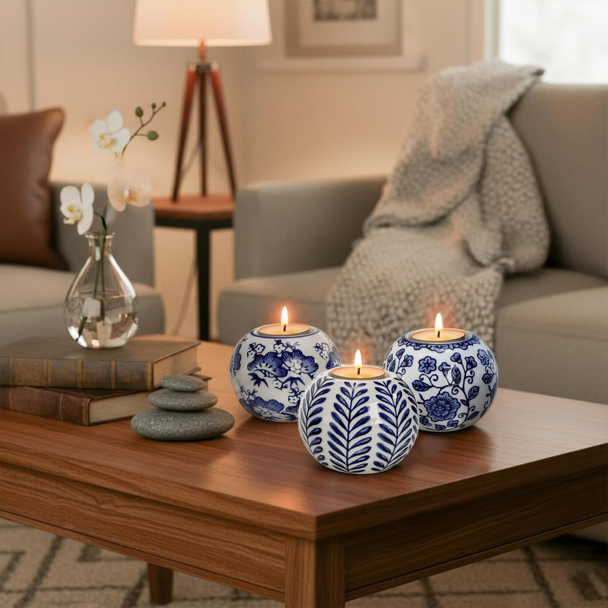 Blue and White Chinoiserie Tealight Holders, Set of 4