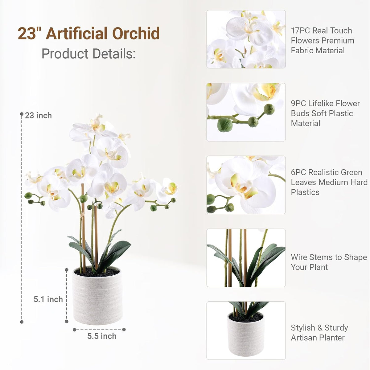 Faux White Orchid in Pot, 23 Inch