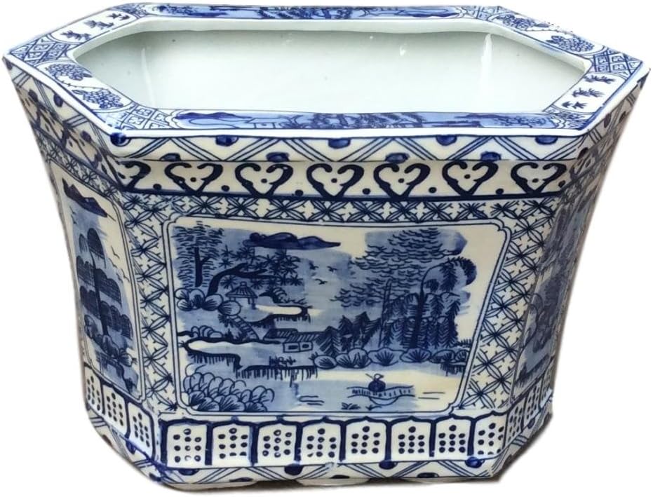 Blue and White Hexagon Porcelain Cachepot Planter