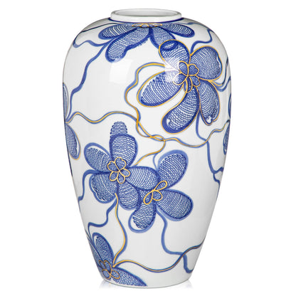 Hand-Painted Blue and White Vase with Gold Accents