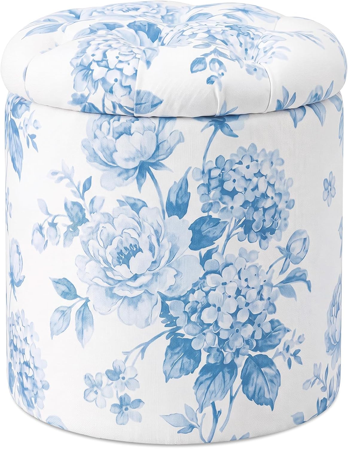 Blue Damask Tufted Round Ottoman, 16 Inch