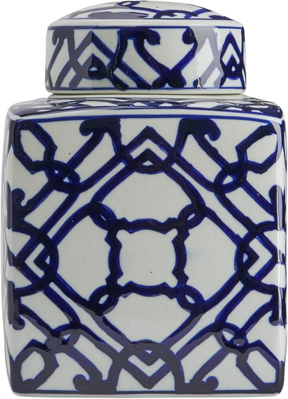 Square Ceramic Ginger Jar with Lid, Blue and White