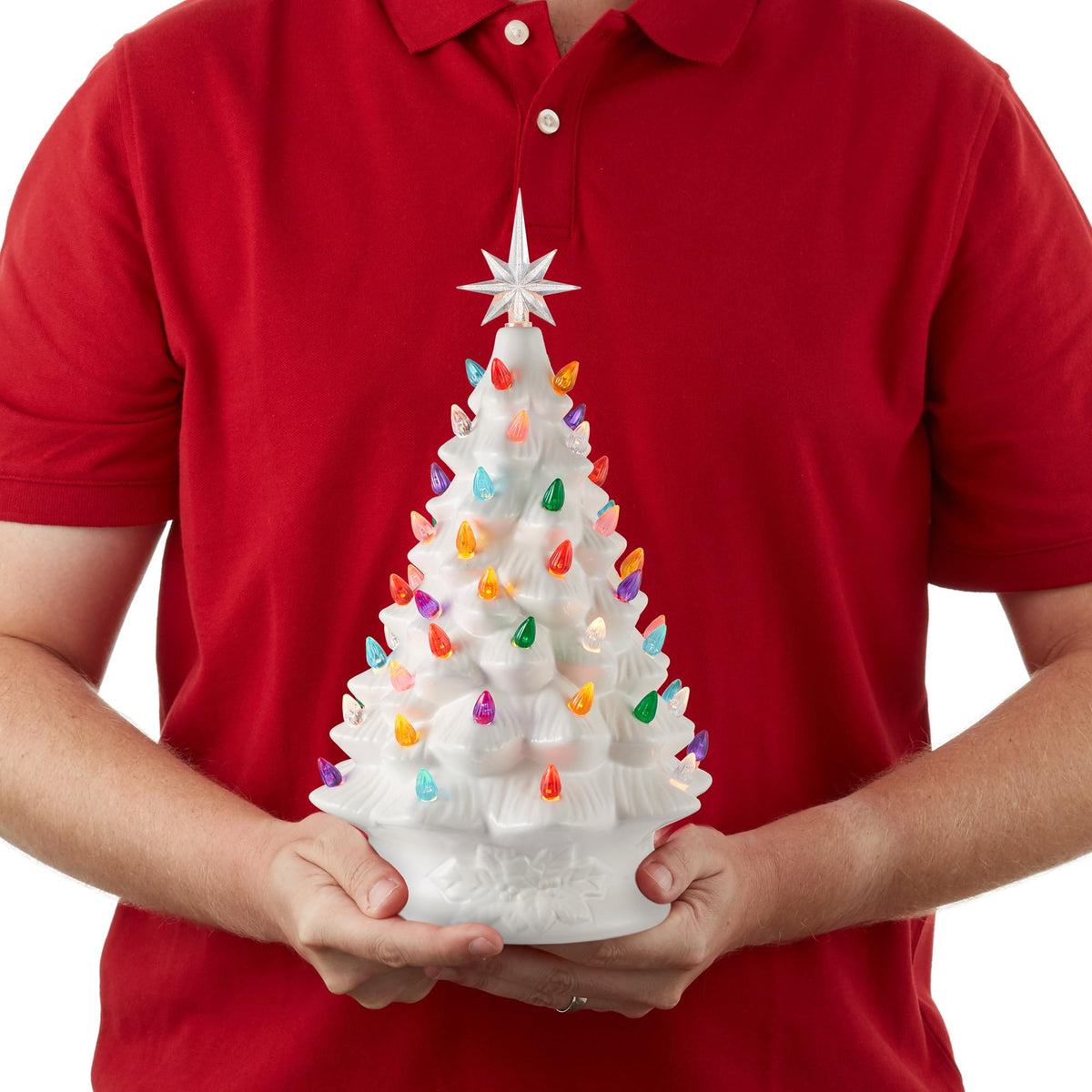 Hand Painted Ceramic Christmas Tree, 15 Inch Pre-Lit