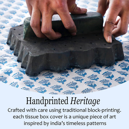 Block Print Cotton Tissue Box Cover, Apatite Blue