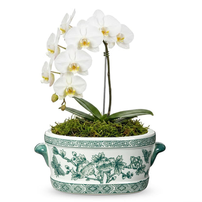 Blue Floral Oval Ceramic Cachepot, 10.6 in