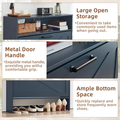 Blue Narrow Shoe Cabinet with 2 Flip Drawers