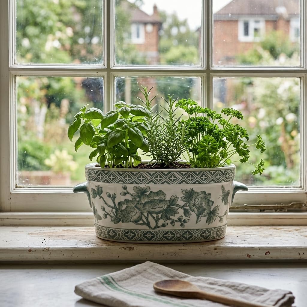 Blue Floral Oval Ceramic Cachepot, 10.6 in