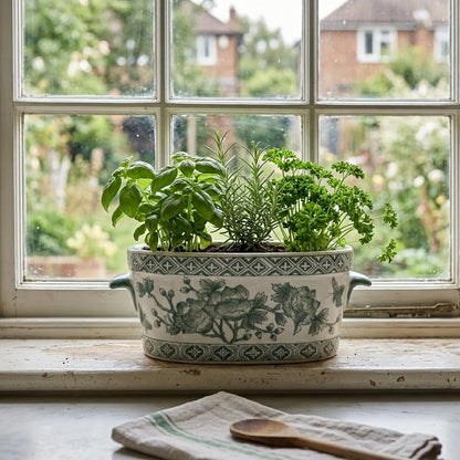 Blue Floral Oval Ceramic Cachepot, 10.6 in