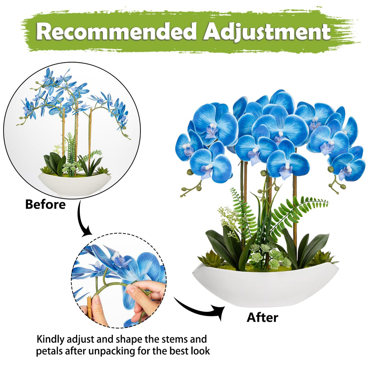 Briful Faux Orchid in Blue and White Boat Vase