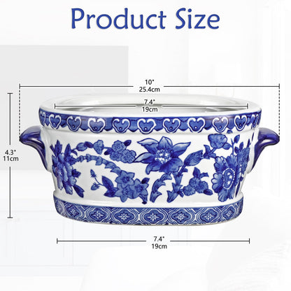 Blue Floral Oval Ceramic Cachepot, 10.6 in