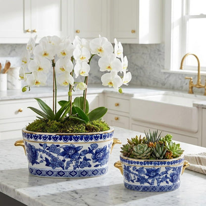 Blue Floral Oval Ceramic Cachepot, 10.6 in