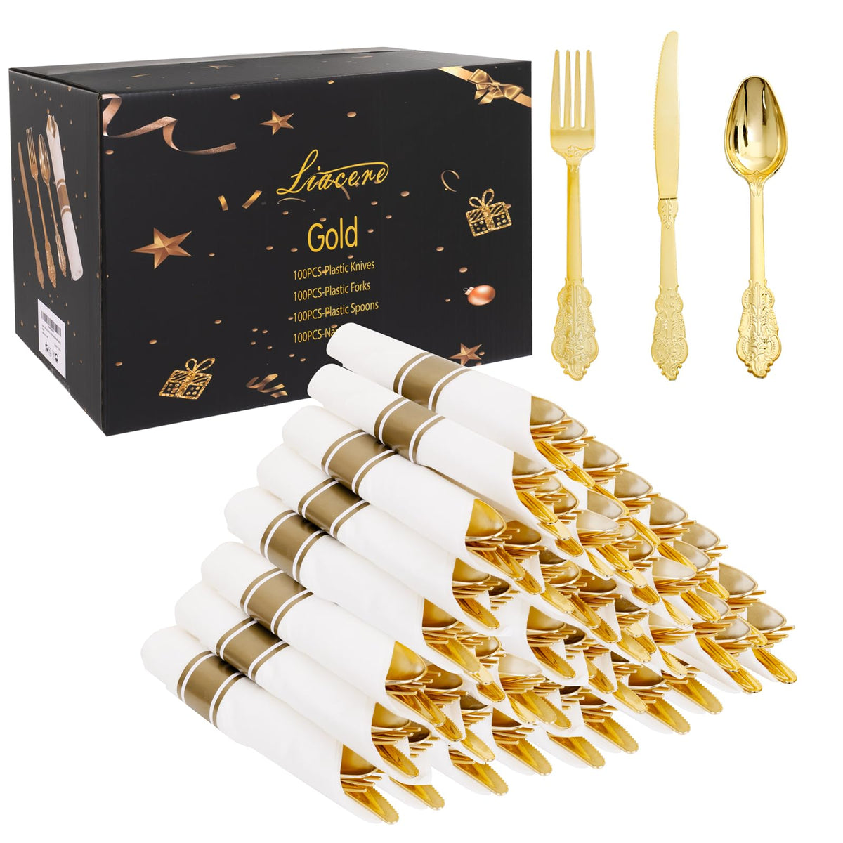 Pre-Rolled Blue Plastic Cutlery with Napkins, 100 Pack