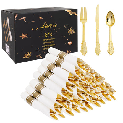 Pre-Rolled Blue Plastic Cutlery with Napkins, 100 Pack
