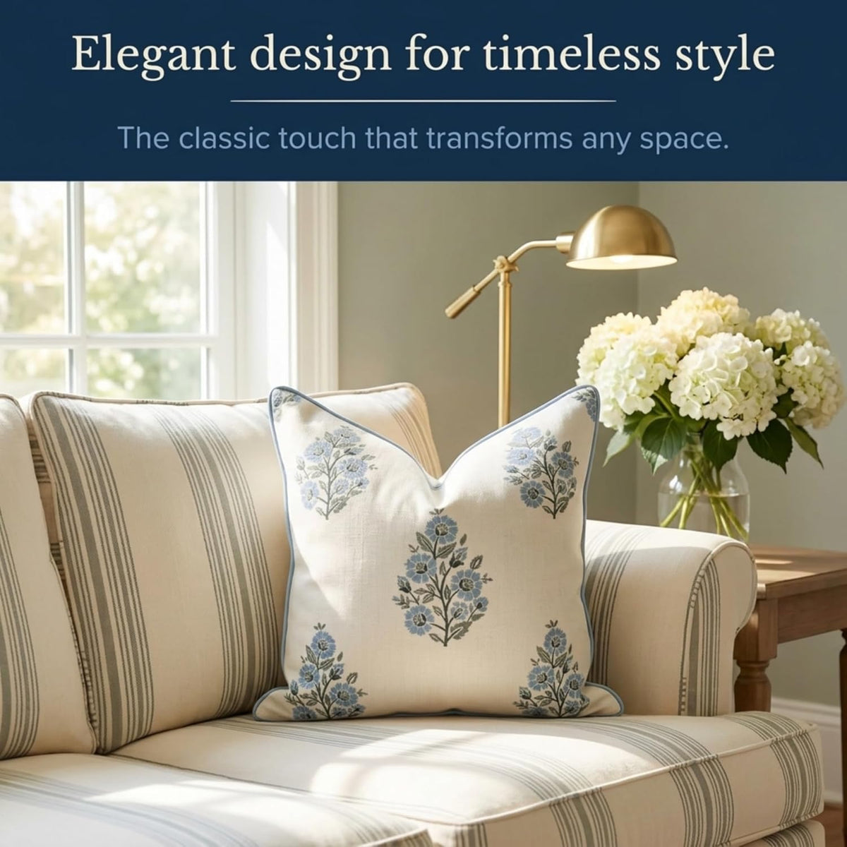 Camille Blue Floral Block Print Pillow Cover