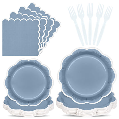 Blue Scalloped Paper Plates and Napkins, Serves 24
