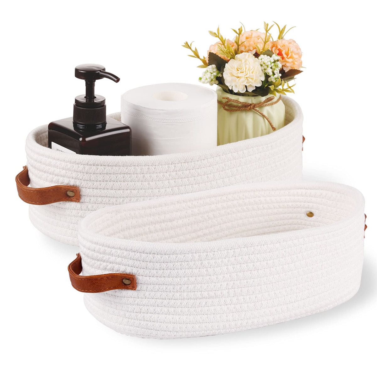 Woven Cotton Rope Toilet Tank Basket, Navy and White