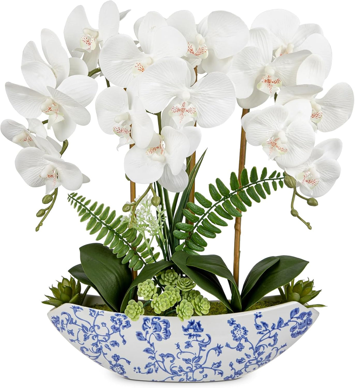 Briful Faux Orchid in Blue and White Boat Vase