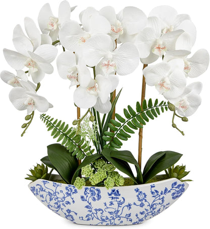 Briful Faux Orchid in Blue and White Boat Vase