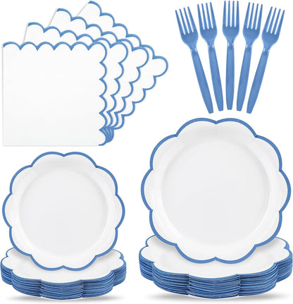 Blue Scalloped Paper Plates and Napkins, Serves 24