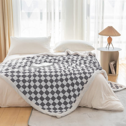 Navy Checkered Sherpa Throw Blanket