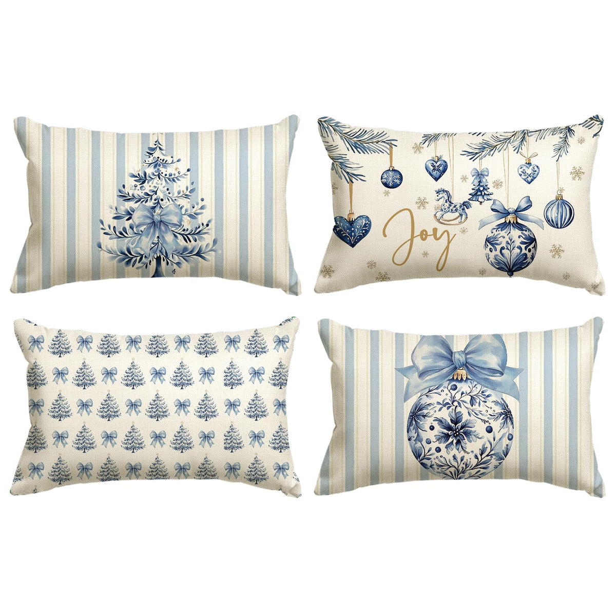 Blue Stripe Christmas Pillow Covers, Set of 4