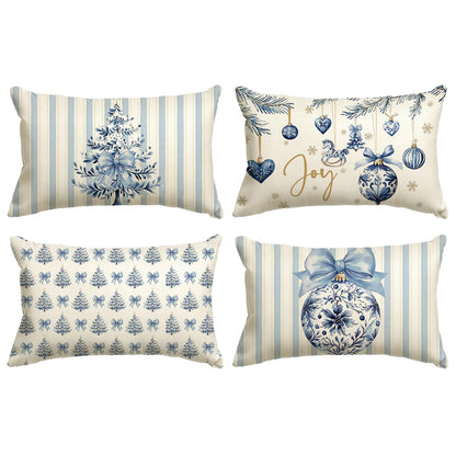 Blue Stripe Christmas Pillow Covers, Set of 4