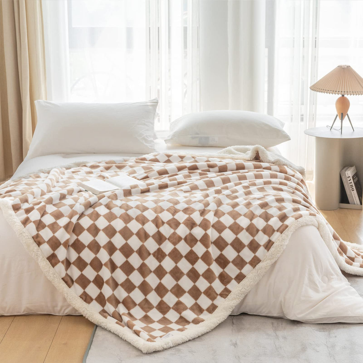 Navy Checkered Sherpa Throw Blanket