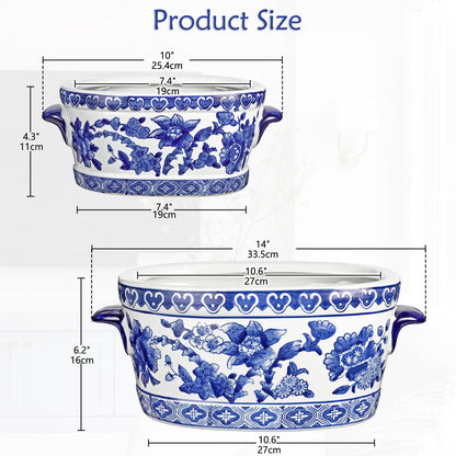 Blue Floral Oval Ceramic Cachepot, 10.6 in