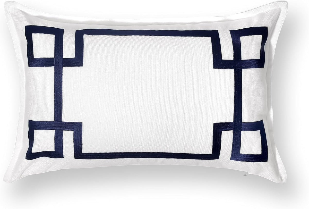 Navy Greek Key Outdoor Lumbar Pillow Cover, 12x20