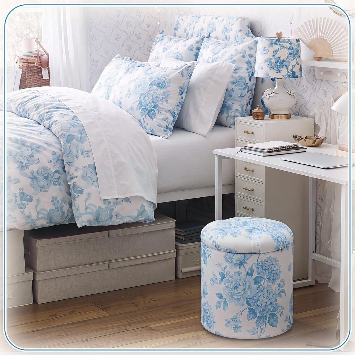 Blue Damask Tufted Round Ottoman, 16 Inch