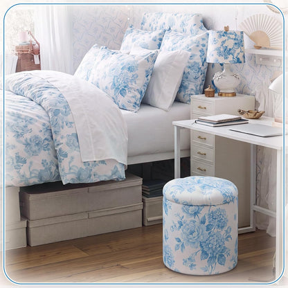 Blue Damask Tufted Round Ottoman, 16 Inch