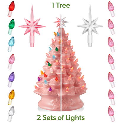 Hand Painted Ceramic Christmas Tree, 15 Inch Pre-Lit