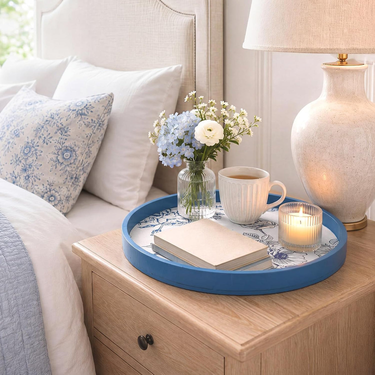 Blue Chinoiserie Round Wooden Tray, 11.8 Inch