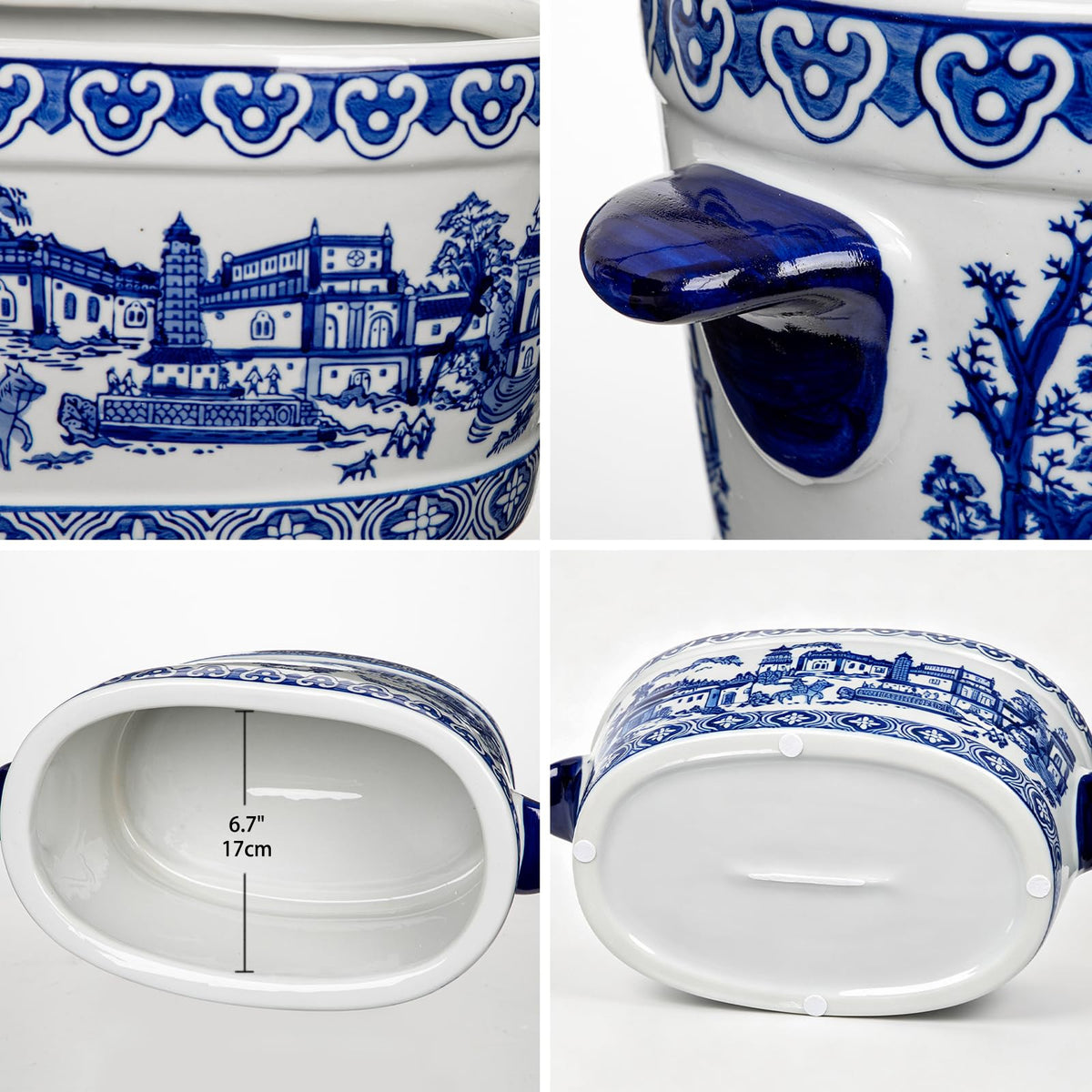 Blue Floral Oval Ceramic Cachepot, 10.6 in