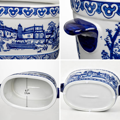 Blue Floral Oval Ceramic Cachepot, 10.6 in