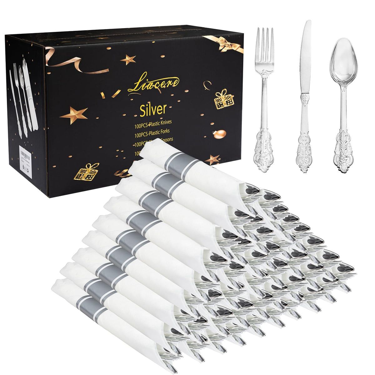 Pre-Rolled Blue Plastic Cutlery with Napkins, 100 Pack